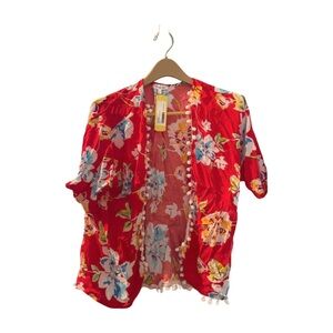 Vibrant Red Floral Kids Blouse w/ Pom-Pom Trim – Size L (Girls)